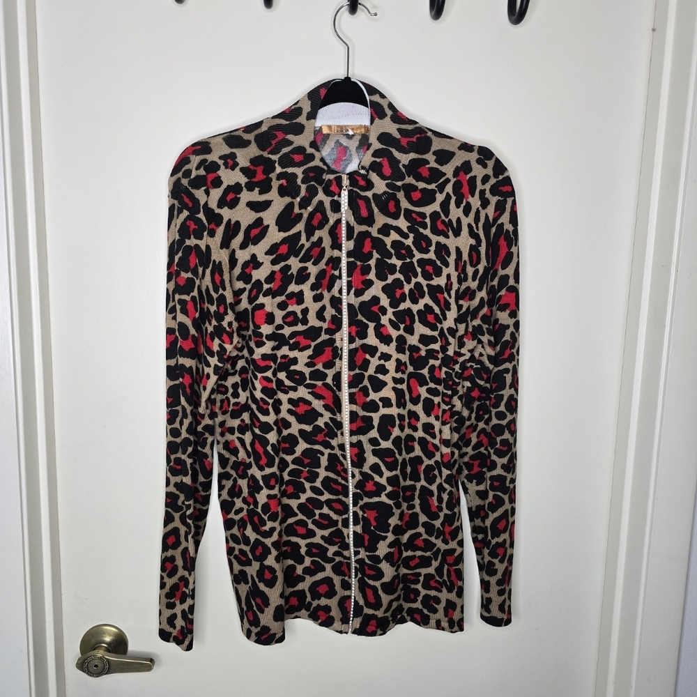 Belldini Leopard Print Cardigan with Red Accents Size Large